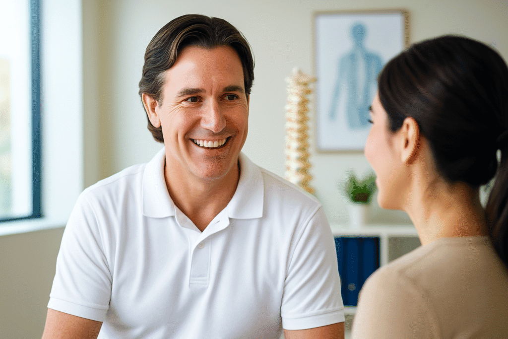 Smiling chiropractor talking with patient