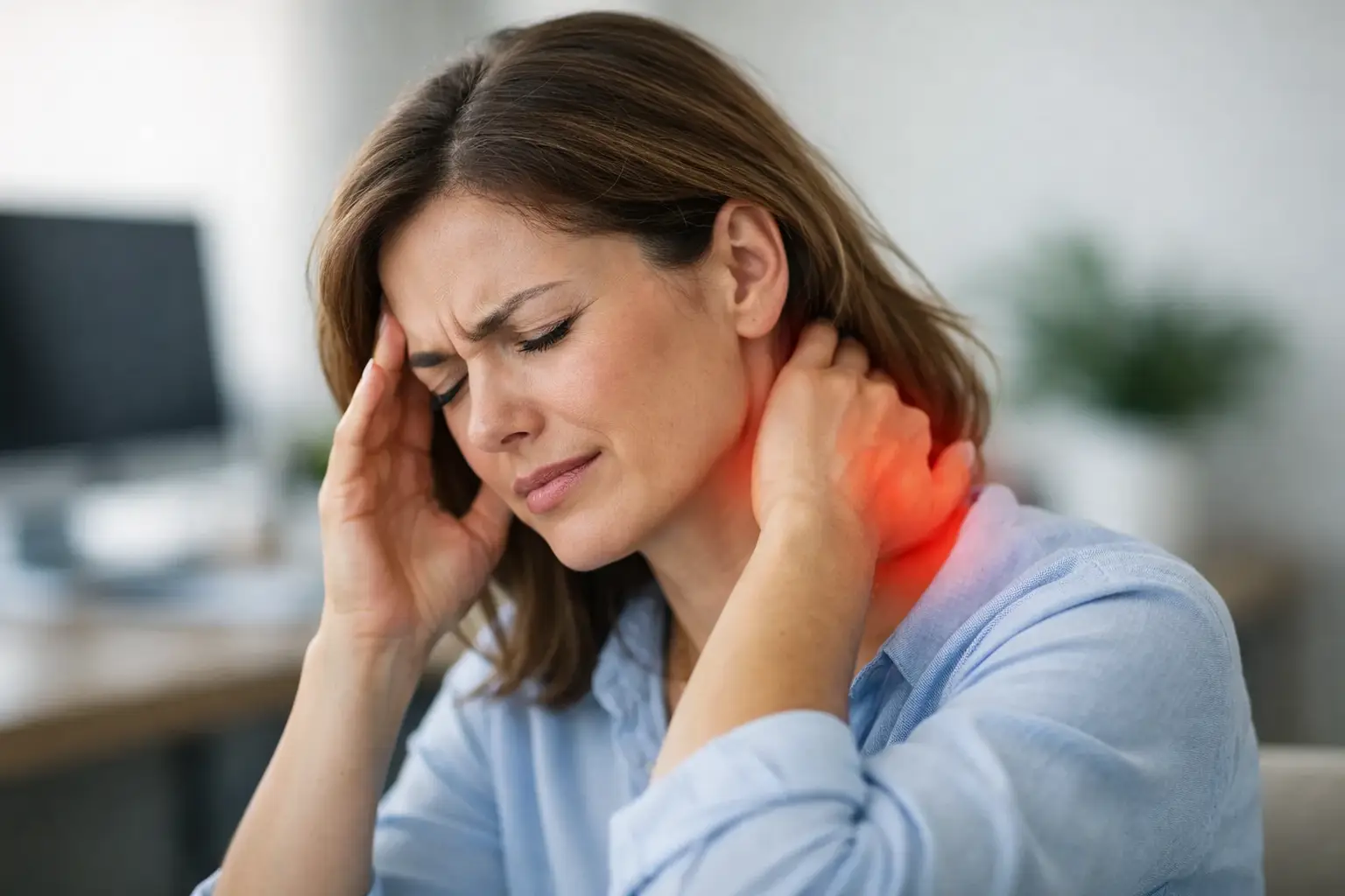 Woman holding her head and neck, showing where cervicogenic headache pain is felt