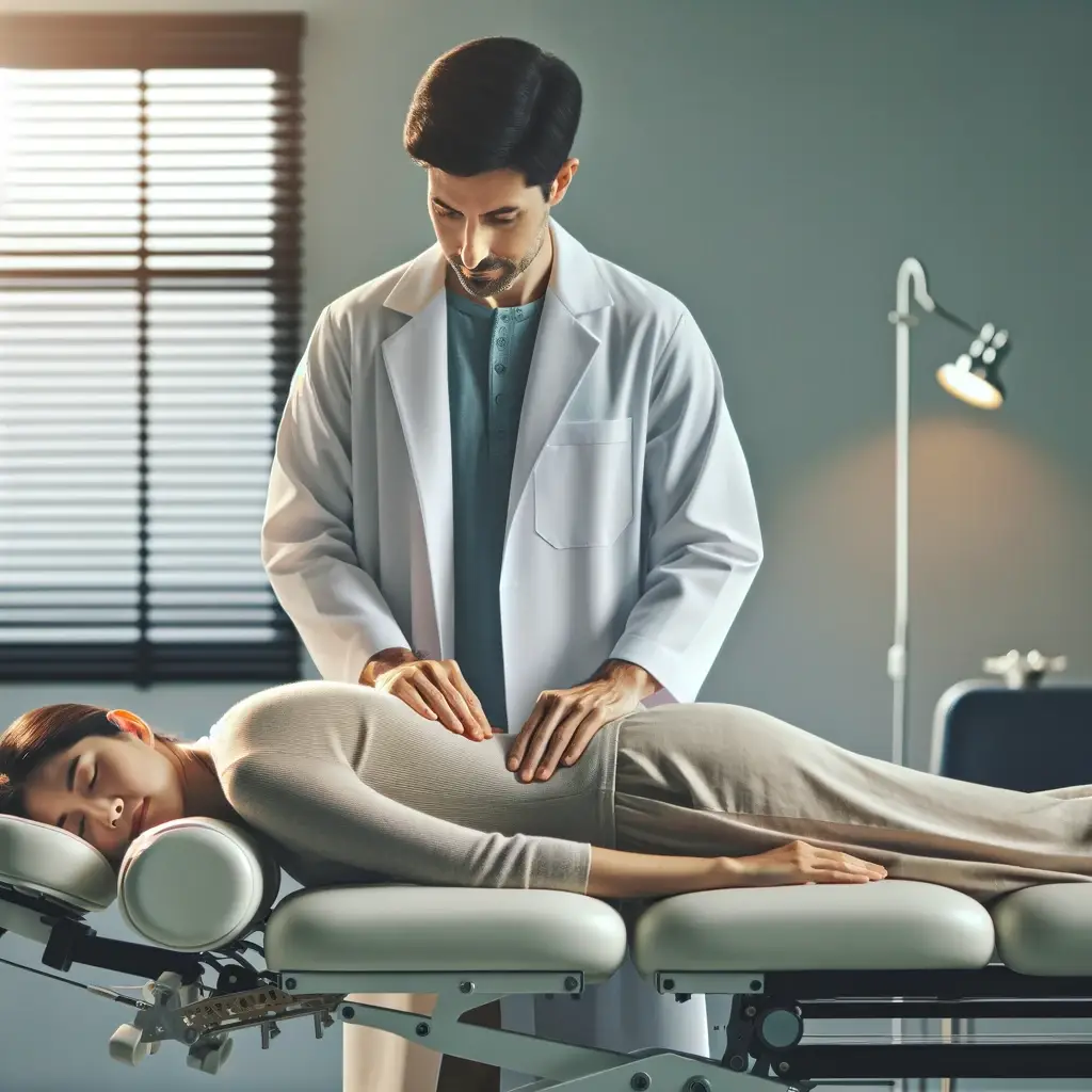 Woman receiving spinal adjustment