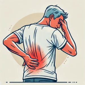 An illustration of a person experiencing low back pain. What causes low back pain is on their mind. The person is shown holding their lower back with a pained expression on their face