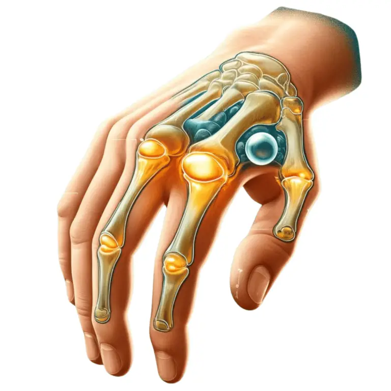 An educational illustration depicting a hand with visible joints and a bubble in the synovial fluid, representing the process of knuckle cracking without showing damage or arthritis. The image should highlight the concept that knuckle cracking is not harmful to the joints