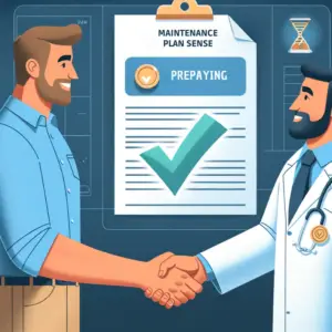 An image depicting the idea of 'When Prepaying Makes Sense' for chiropractic care. Show a satisfied person shaking hands with a chiropractor, symbolizing a strong rapport. In the background, illustrate a sign or a document stating 'Maintenance Plan Package' with a checkmark, conveying the idea of a wise investment. The environment should convey trust, agreement, and the smart decision of purchasing a package after establishing a positive relationship with the chiropractor. The atmosphere should be professional and reassuring, highlighting the mutual understanding and the benefits of a maintenance plan.