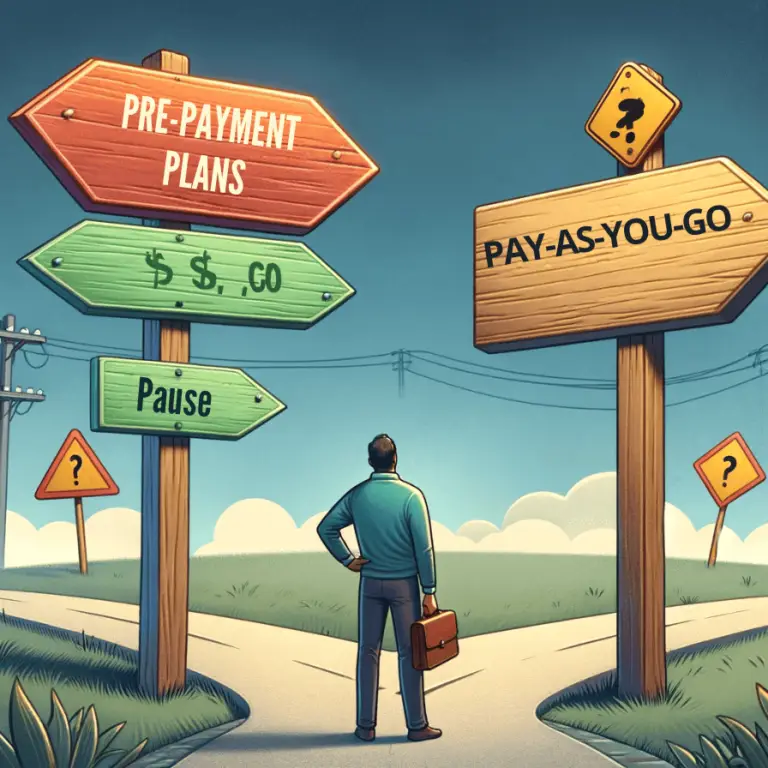 An image depicting a cautious person standing at a crossroads, with signs pointing in different directions. One sign says 'Prepyment Plans' and is adorned with flashy, enticing colors but has a small warning sign hanging off it. The other sign says 'Pay-As-You-Go' in calm, reassuring colors, representing a path of caution and wisdom. The crossroads symbolize the decision-making process in choosing the right chiropractic treatment plan. The person is depicted as thoughtful and discerning, symbolizing the careful consideration patients must take when deciding on healthcare options.