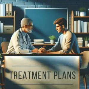 An image of a patient sitting across from a General Practitioner (GP) in a cozy, welcoming medical office. The GP is depicted as a supportive figure, guiding the patient with a compassionate gesture. They are discussing treatment options, symbolized by the word 'Treatment Plans' written on the desk. The atmosphere is one of trust and personalized care, emphasizing the message of seeking professional advice before making healthcare decisions. The scene should convey a sense of careful consideration and partnership in healthcare planning.