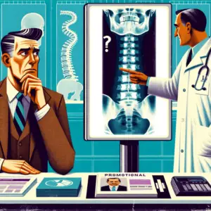 An illustration depicting a scene in a modern clinic. The foreground shows a patient looking skeptical and concerned while a doctor presents an X-ray image of a spine with marked 'defects'. The X-ray is displayed on a lightbox or digital screen. In the background, a poster displays an enticing promotional offer with a large discount symbol, suggesting reduced fees for a long-term treatment plan. The clinic's interior is sleek and professional, yet there's a subtle hint of commercialism, like promotional brochures on a table. The patient's expression conveys doubt and wariness.