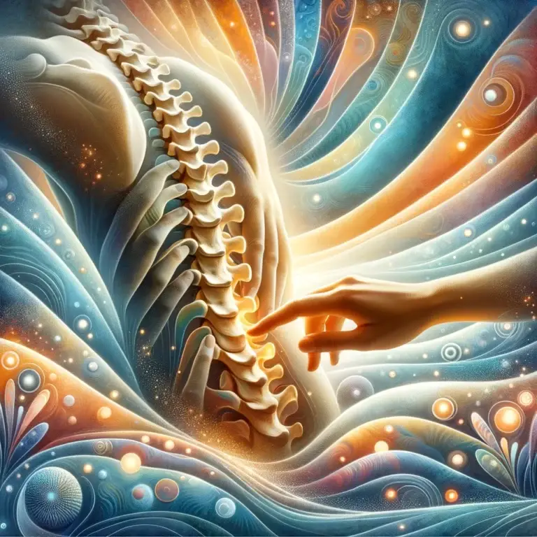A serene and soothing illustration that symbolizes chiropractic care as a valuable tool for improving quality of life in the context of bulging disc symptoms. The image depicts an abstract representation of the spine being gently aligned by chiropractic hands, surrounded by calming elements that suggest increased mobility and reduced inflammation.