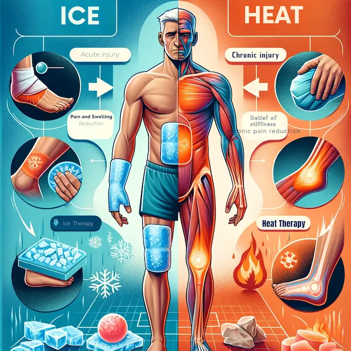 This image depicts the decision-making process between ice and heat therapy for different types of injuries. The central focus is a split illustration of a human body: one half showing the application of ice therapy on an acute injury like a sprained ankle and knee, and the other half depicting heat therapy on a chronic condition like osteoarthritis. The ice therapy side shows a visual of an ice pack applied to the ankle, with symbols indicating pain and swelling reduction. The heat therapy side features a warm compress on a joint, with graphics showing relief of stiffness and chronic pain.