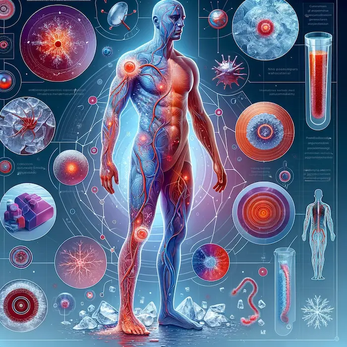 This image depicts the concept of cryotherapy, also known as ice therapy, used for pain relief and recovery. The central focus is a human body with areas highlighted where cryotherapy is commonly applied, such as around a sprained ankle or a strained muscle. The body is surrounded by visuals of ice packs and cold compresses in use. Additionally, we see a graphical representation of vasoconstriction, with blood vessels narrowing under the effect of the cold.