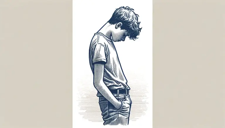 an illustration of a teenager with his hands in his pockets and head drooped forward