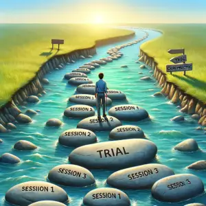 An image depicting the concept of a trial approach in chiropractic care. Visualize a person tentatively stepping onto a symbolic river where the stones represent trial chiropractic sessions. Each stone is labeled with words like 'Session 1', 'Session 2', 'Session 3', indicating a step-by-step process. The person looks curious and cautious, embodying the idea of testing the waters before committing. The river flows gently, signifying the journey of healthcare, and the far bank represents the goal of finding the right chiropractic fit. The scene is calming and inviting, encouraging the viewer to consider a cautious and informed approach to chiropractic care.