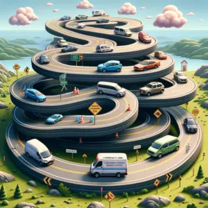 An image showing a winding road with various vehicles at different stages, symbolizing the unpredictability of treatment needs in chiropractic care. Some vehicles are near the start, others have advanced further, and one might be at a crossroad, needing a different direction, representing the referral to a specialist. The road should be surrounded by diverse landscapes to represent the uniqueness of each patient's journey. Additionally, there should be a mix of driving school cars to illustrate the analogy of learning to drive, where each student's number of required lessons varies widely.