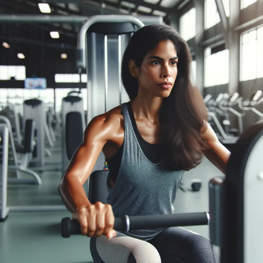 A woman with long dark hair is performing a seated row in a gym. She is focused and showing determination. The gym is equipped with modern fitness equipment, but the focus is on her and the seated row machine. She wears athletic gear suitable for a workout, including a tank top and leggings. The setting is bright and clean, indicating a well-maintained facility. Her posture is excellent, demonstrating proper form for the exercise.